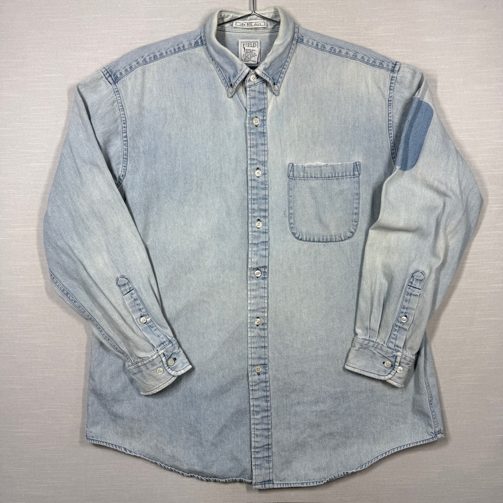 Field Gear Chambray Shirt Men L Blue Distressed Patched Faded Stained‎ Worn